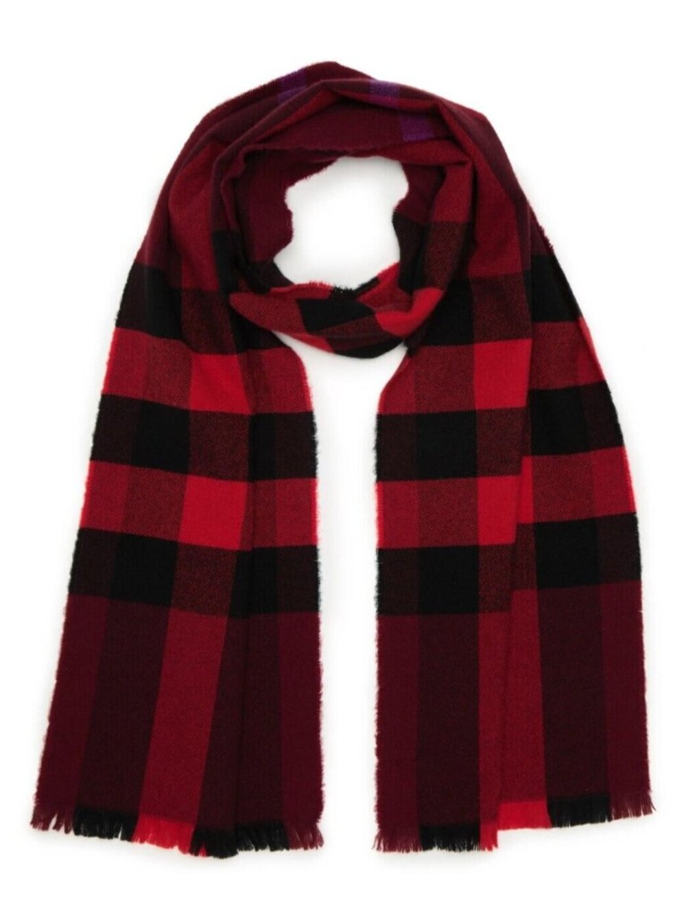 Burberry Womens Fringe Wool Cashmere Scarf Claret Check 176cm x 28cm, Made in UK